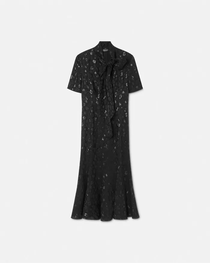 Versace Leopard Jacquard Lavallire Midi Dress Black Women Dresses