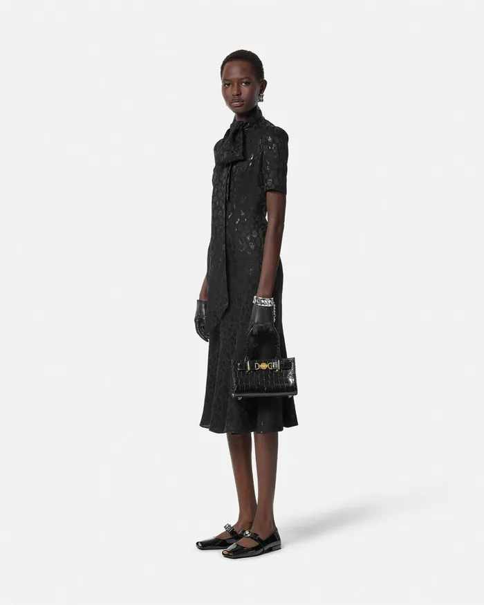 Versace Leopard Jacquard Lavallire Midi Dress Black Women Dresses