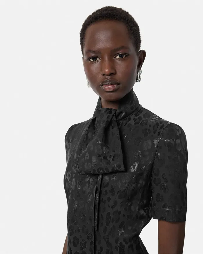 Versace Leopard Jacquard Lavallire Midi Dress Black Women Dresses