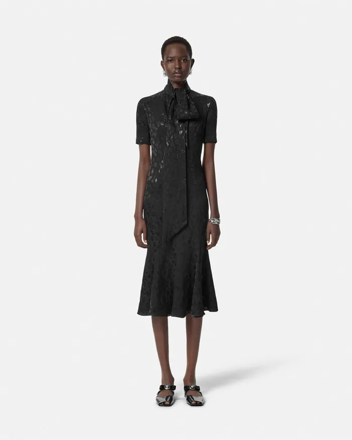 Versace Leopard Jacquard Lavallire Midi Dress Black Women Dresses