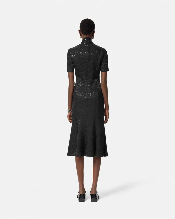 Versace Leopard Jacquard Lavallire Midi Dress Black Women Dresses