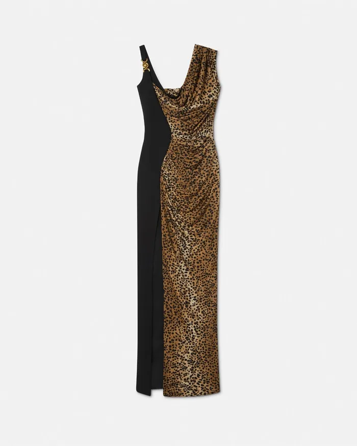 Versace Leopard Medusa 03995 Draped Gown Animalier Women Dresses