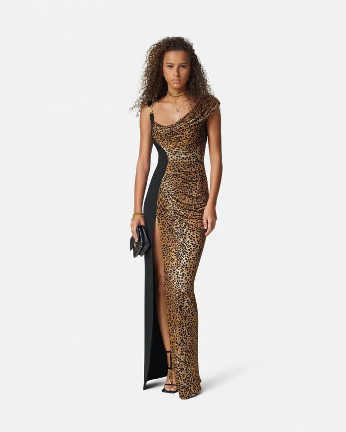Versace Leopard Medusa 03995 Draped Gown Animalier Women Dresses