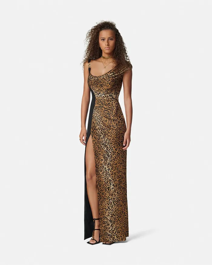 Versace Leopard Medusa 03995 Draped Gown Animalier Women Dresses