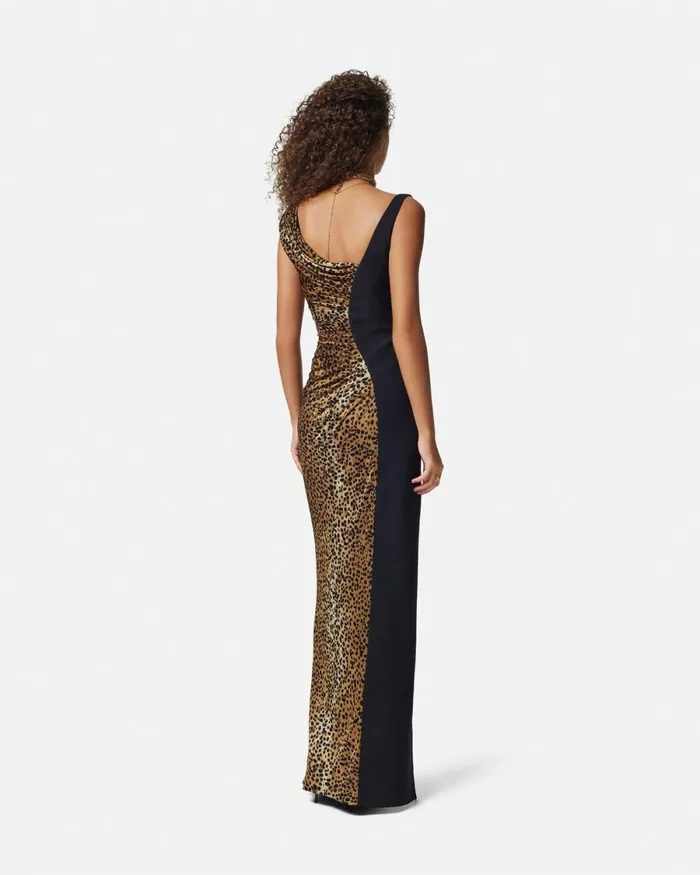 Versace Leopard Medusa 03995 Draped Gown Animalier Women Dresses