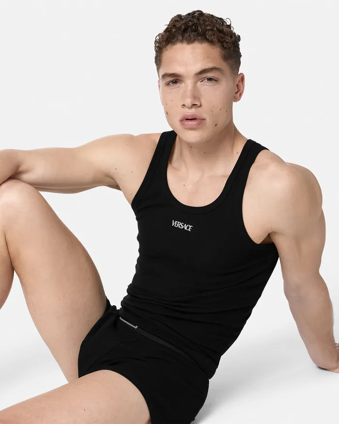Versace Logo Ribbed Tank Top Black Men Loungewear and Pajamas