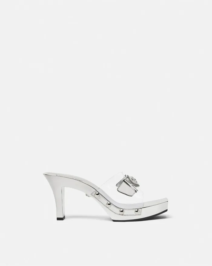Versace Medusa Buckle Transparent Clogs 60 Mm Silver Women Sandals