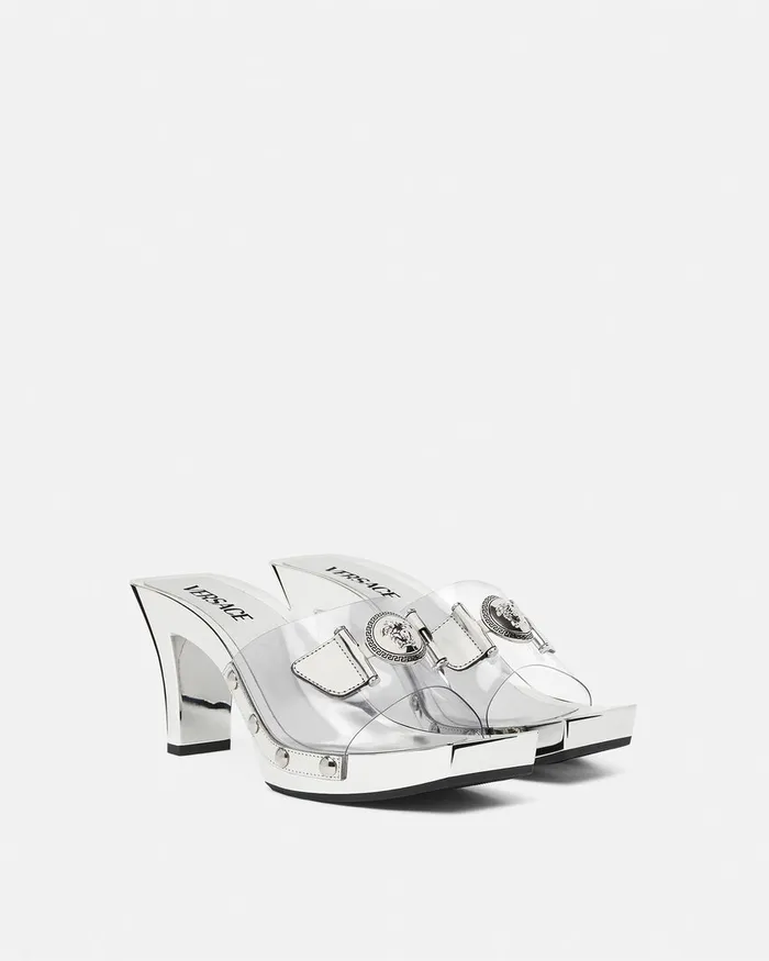 Versace Medusa Buckle Transparent Clogs 60 Mm Silver Women Sandals