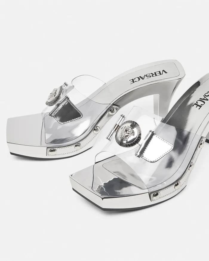 Versace Medusa Buckle Transparent Clogs 60 Mm Silver Women Sandals