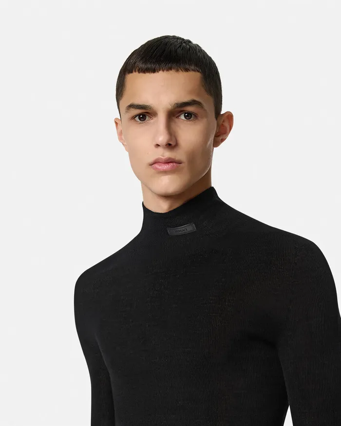 Versace Merino Wool Fitted Ribbed Knit Top Black Men Knitwear