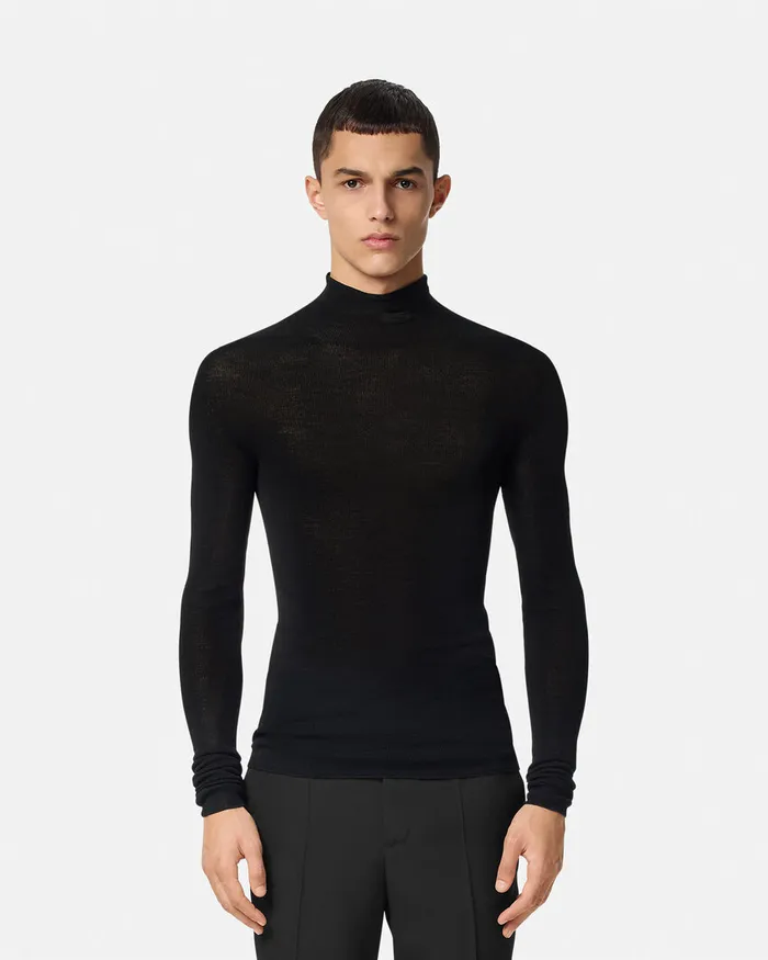 Versace Merino Wool Fitted Ribbed Knit Top Black Men Knitwear
