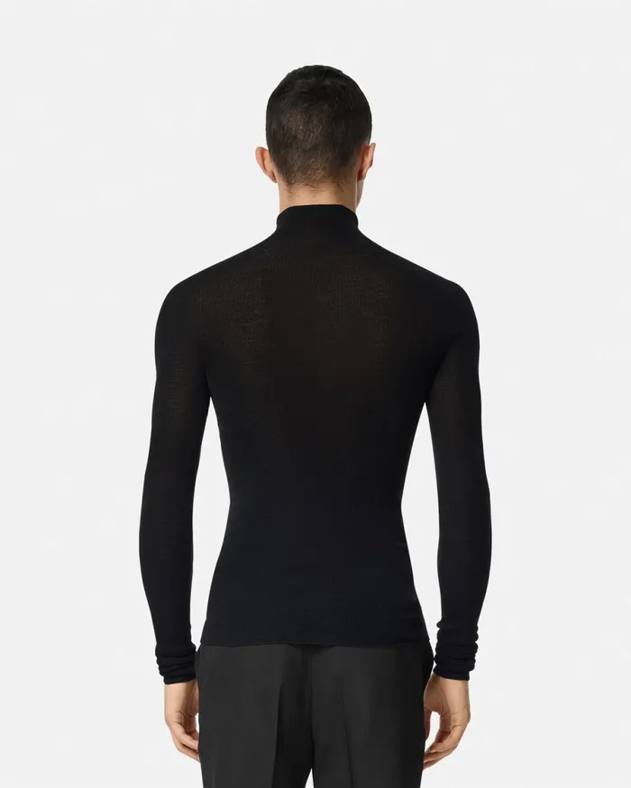 Versace Merino Wool Fitted Ribbed Knit Top Black Men Knitwear