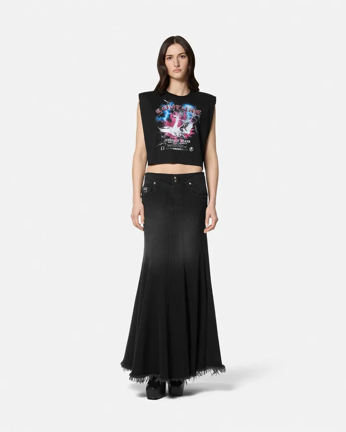 Versace Mermaid Denim Midi Skirt Black Women Jeans Couture