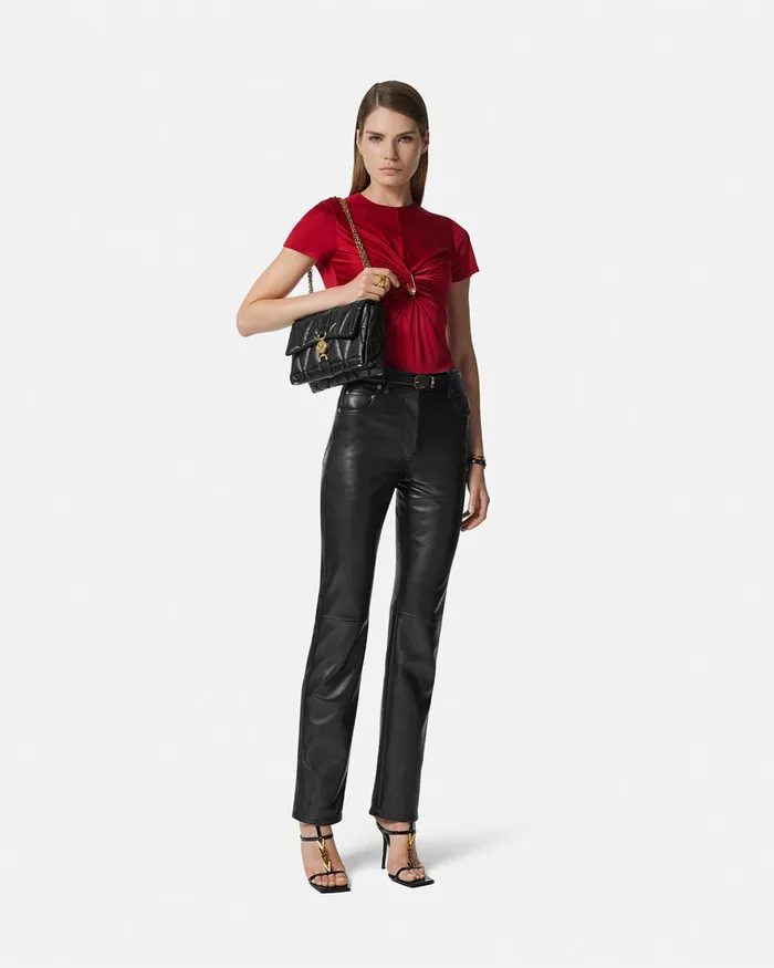 Versace Plong Leather StraightFit Pants Black Women Pants and Shorts