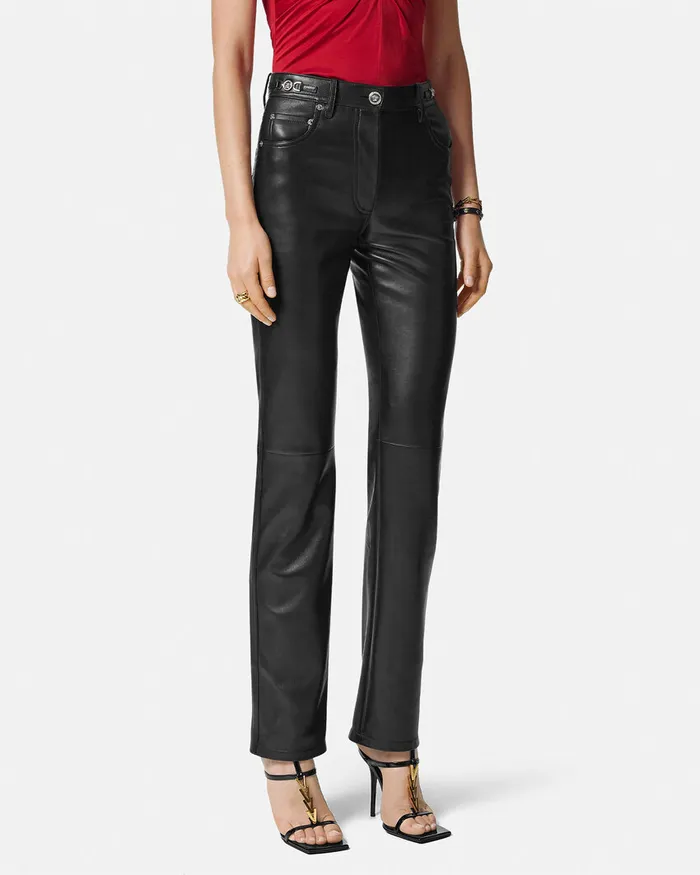 Versace Plong Leather StraightFit Pants Black Women Pants and Shorts