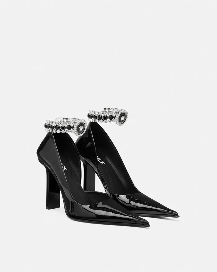Versace Slice Patent Pumps 105 Mm Blacksilver Women Pumps and Slingbacks