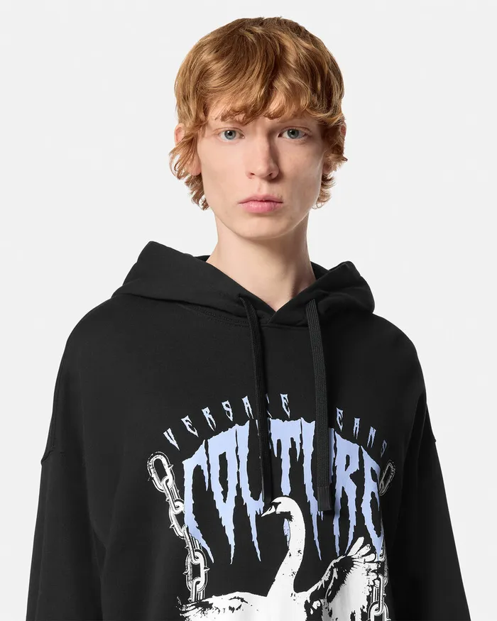 Versace Swan Lake LooseFit Hoodie Blackprint Men Jeans Couture