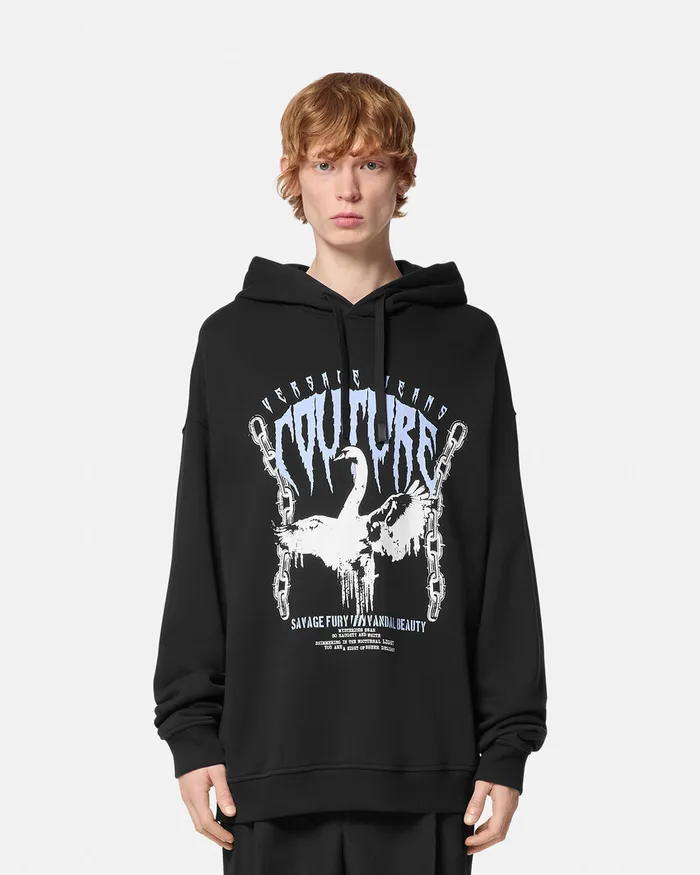 Versace Swan Lake LooseFit Hoodie Blackprint Men Jeans Couture