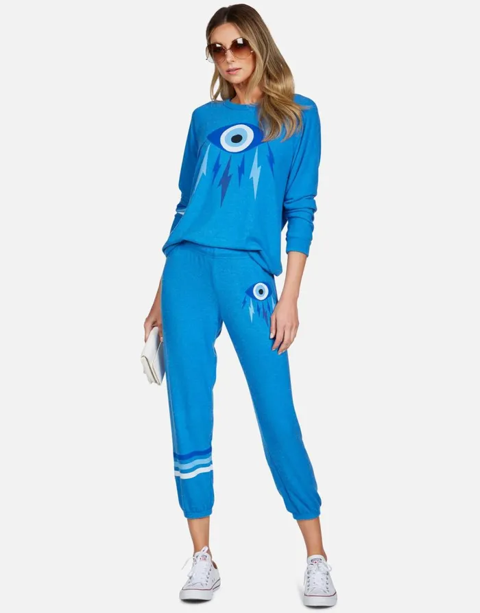 Women039s Alana Electric Evil Eye Sky Blue Lauren Moshi Crop Sweatpants
