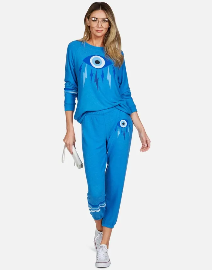 Women039s Alana Electric Evil Eye Sky Blue Lauren Moshi Crop Sweatpants