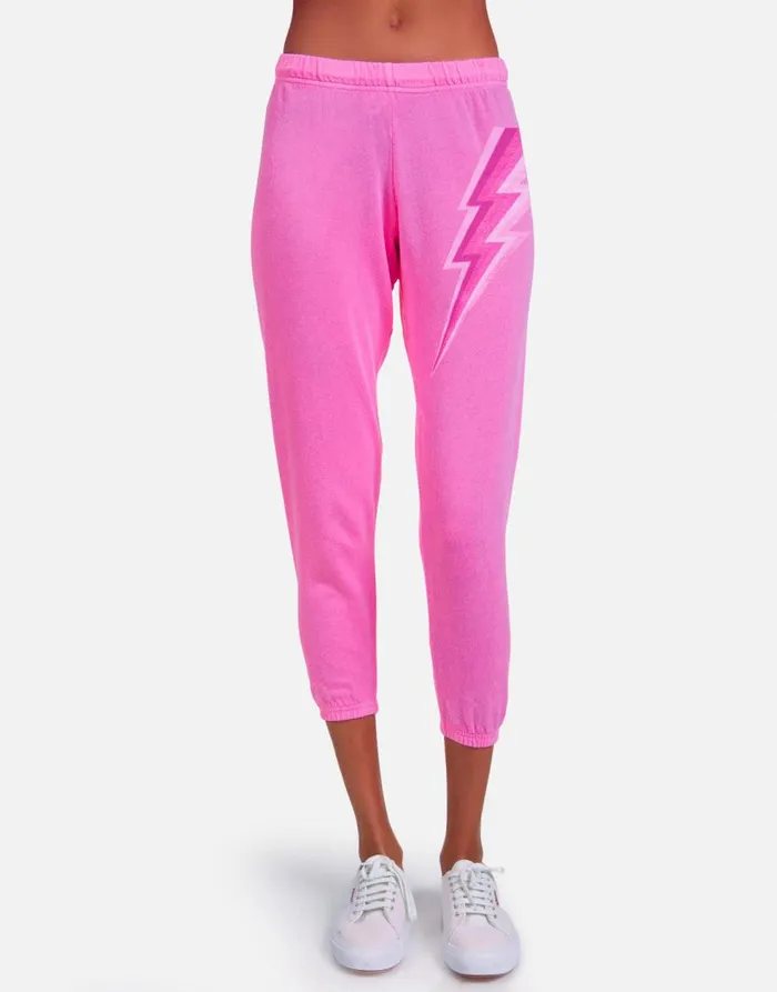 Women039s Alana X Pink Lightning Bolt Neon Pink Lauren Moshi Crop Sweatpants