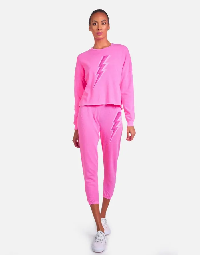 Women039s Alana X Pink Lightning Bolt Neon Pink Lauren Moshi Crop Sweatpants