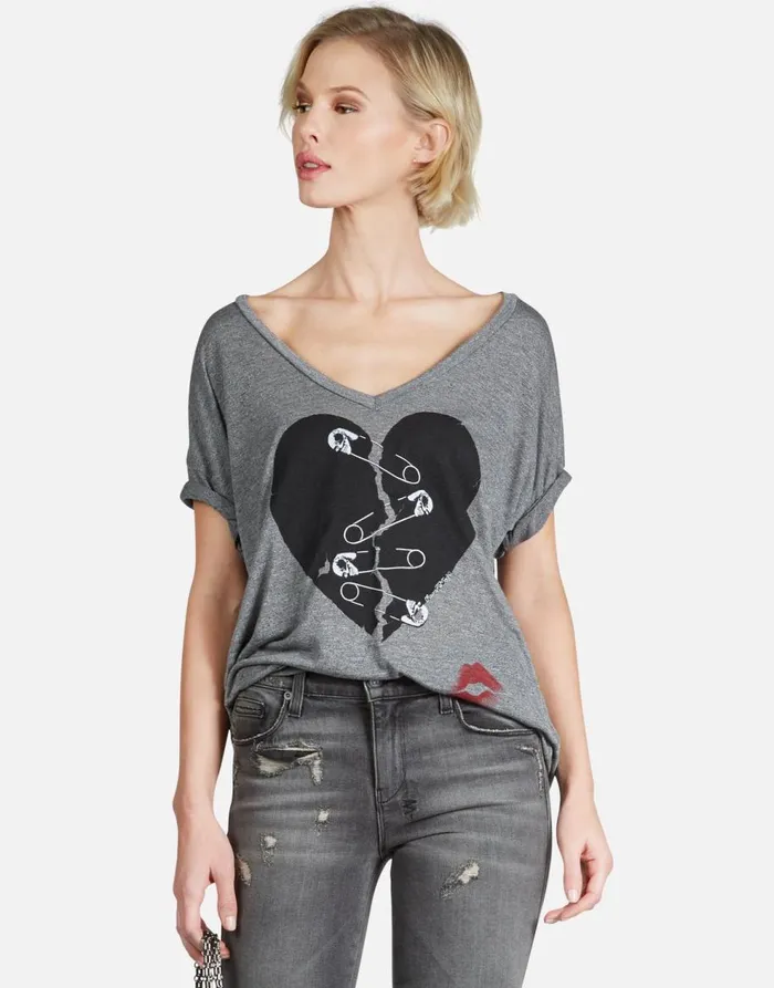 Women039s Brixton Safety Pin Heart Heather Grey Lauren Moshi Short Sleeve