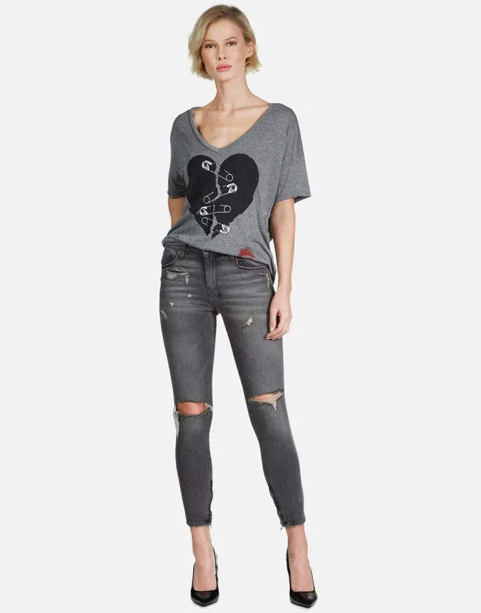 Women039s Brixton Safety Pin Heart Heather Grey Lauren Moshi Short Sleeve