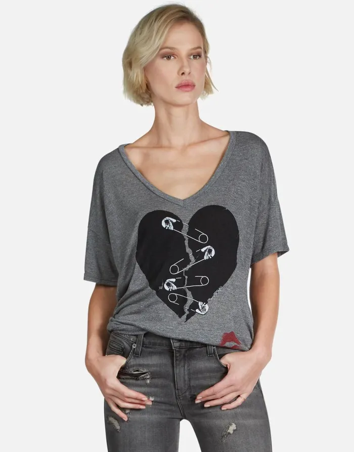 Women039s Brixton Safety Pin Heart Heather Grey Lauren Moshi Short Sleeve