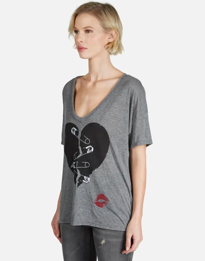 Women039s Brixton Safety Pin Heart Heather Grey Lauren Moshi Short Sleeve