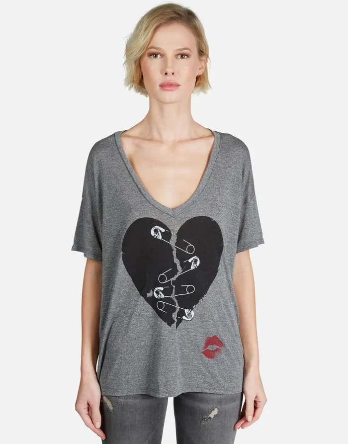 Women039s Brixton Safety Pin Heart Heather Grey Lauren Moshi Short Sleeve