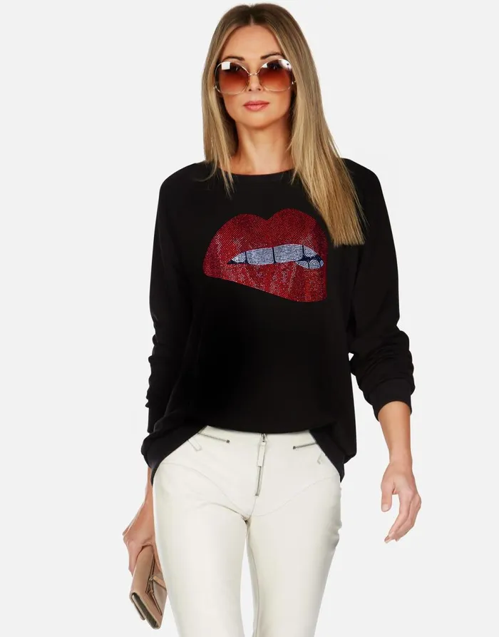 Women039s Noleta X Crystal Biting Lip Black Lauren Moshi Long Sleeve