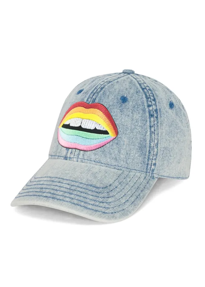 Women039s Reina Rainbow Mouth Patch Washed Denim Lauren Moshi Hats Women039s Reina Rainbow Mouth Patch Washed Denim Lauren Moshi Hats