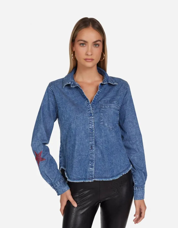 Women039s Saba Color Crystal Multi Stars Vintage Denim Lauren Moshi Long Sleeve