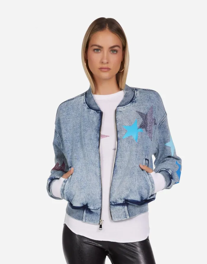 Women039s Shilese Color Crystal Multi Stars Faded Denim Lauren Moshi Long Sleeve