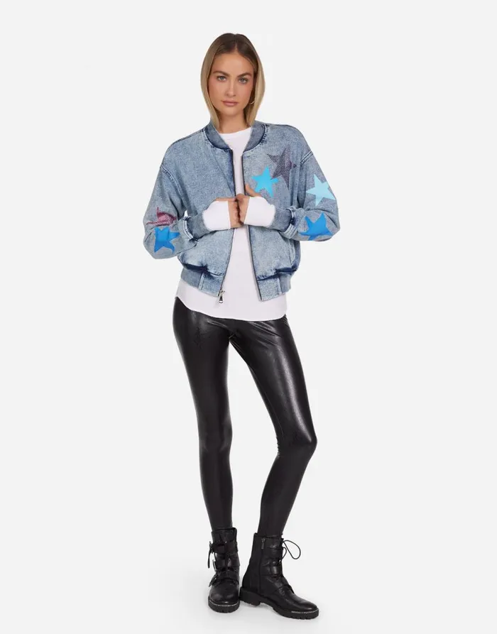 Women039s Shilese Color Crystal Multi Stars Faded Denim Lauren Moshi Long Sleeve