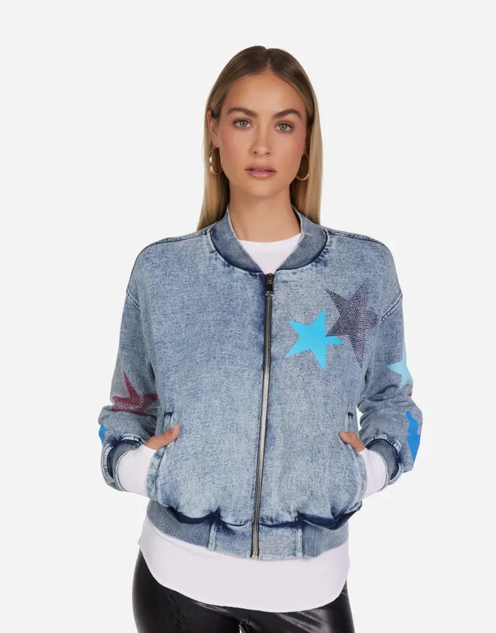 Women039s Shilese Color Crystal Multi Stars Faded Denim Lauren Moshi Long Sleeve