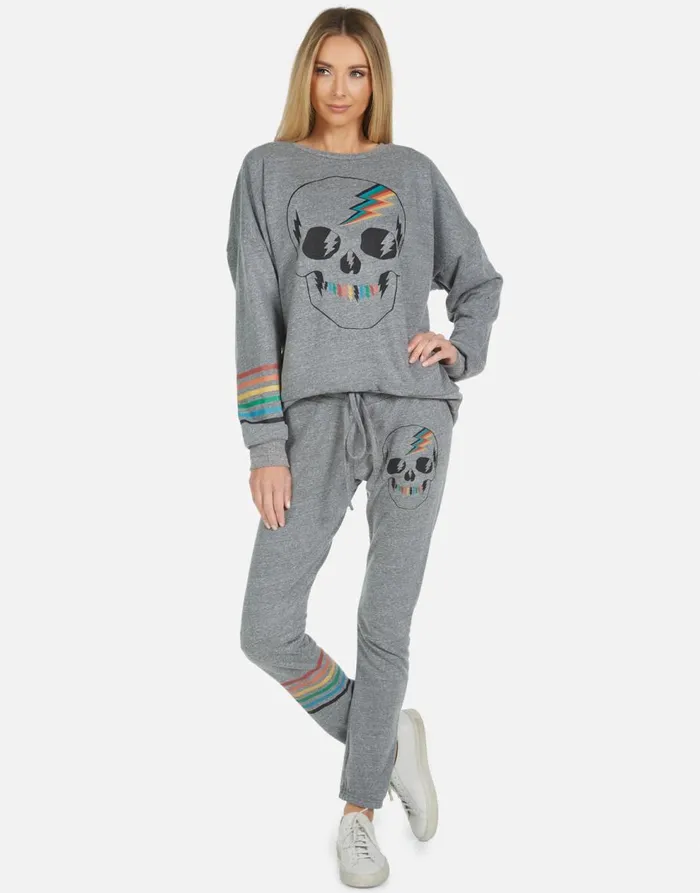 Women039s Uri Rainbow Electric Skull Heather Grey Lauren Moshi Long Sweatpants