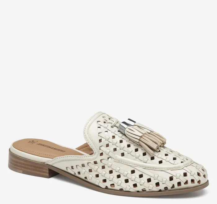 Women Ali Woven Tassel Mule Bone Glove Leather JohnstonandMurphy Mules and Loafers