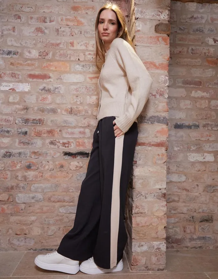 Women Black Side Stripe Pull On Wide Leg Trousers Threadbare Wide Leg