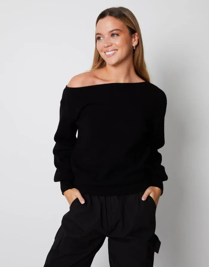 Women Black Soft Slash Neck Jumper Threadbare Jumpers
