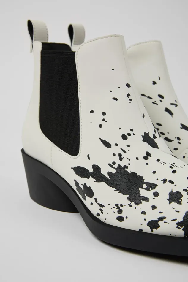 Women Bonnie White And Black Leather Ankle Boots Camper Heels