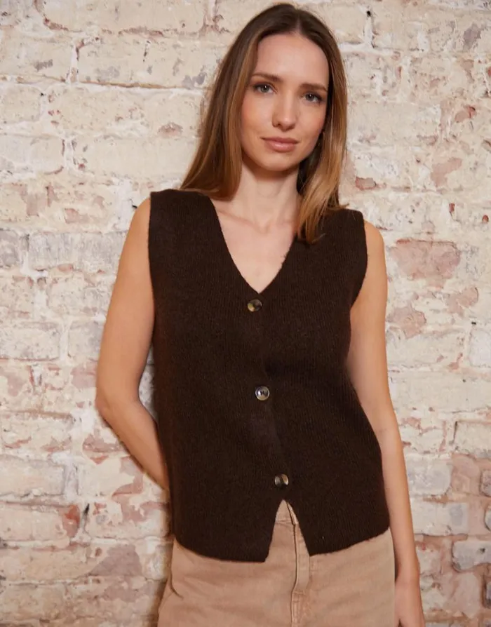 Women Chocolate Knitted Waistcoat Threadbare Tops
