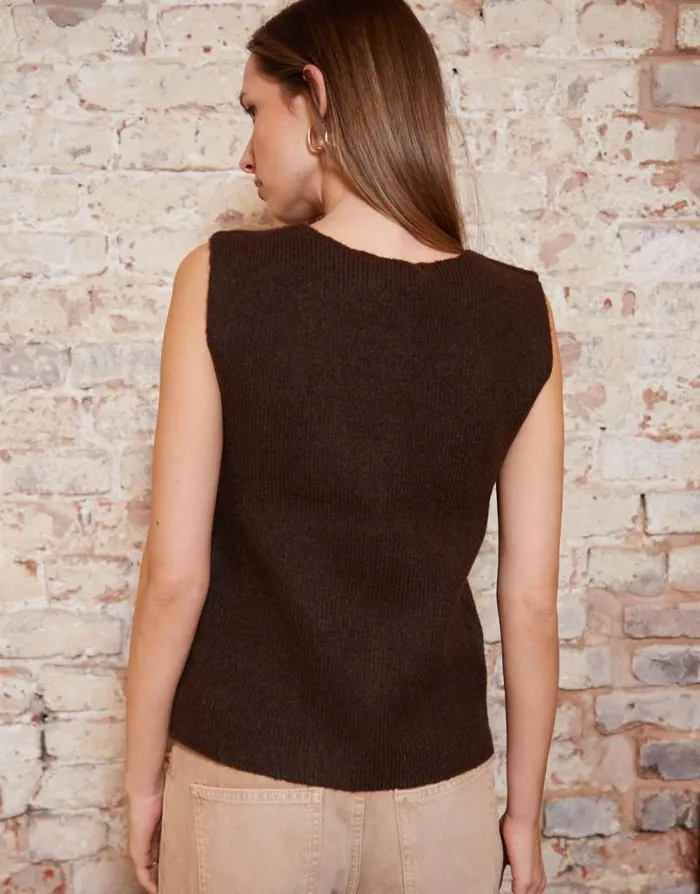 Women Chocolate Knitted Waistcoat Threadbare Tops Women Chocolate Knitted Waistcoat Threadbare Tops