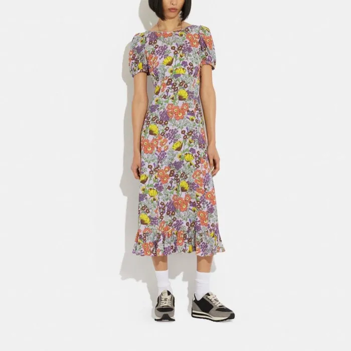 Women Dresses Coach Floral Midi Dress Lavender Multi