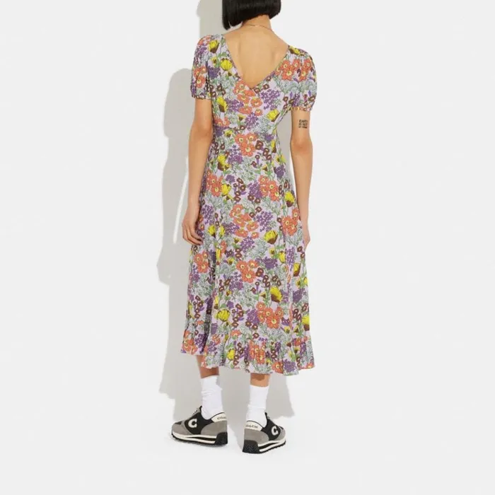 Women Dresses Coach Floral Midi Dress Lavender Multi