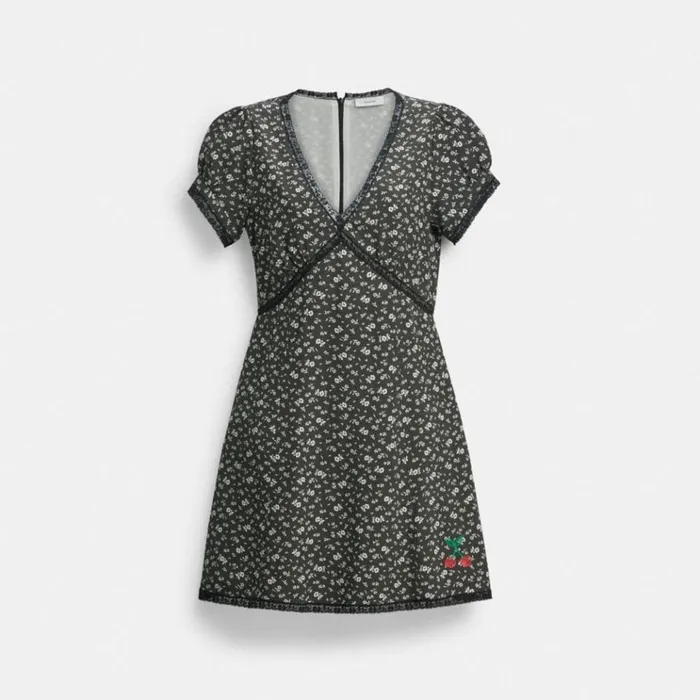Women Dresses Coach Floral V Neck Dress Washed Black Multi