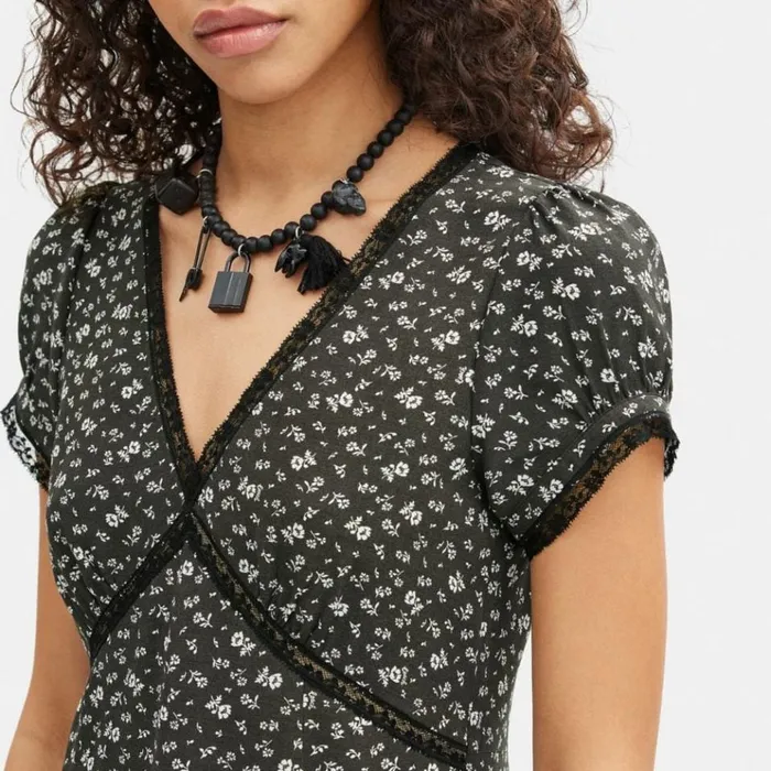 Women Dresses Coach Floral V Neck Dress Washed Black Multi