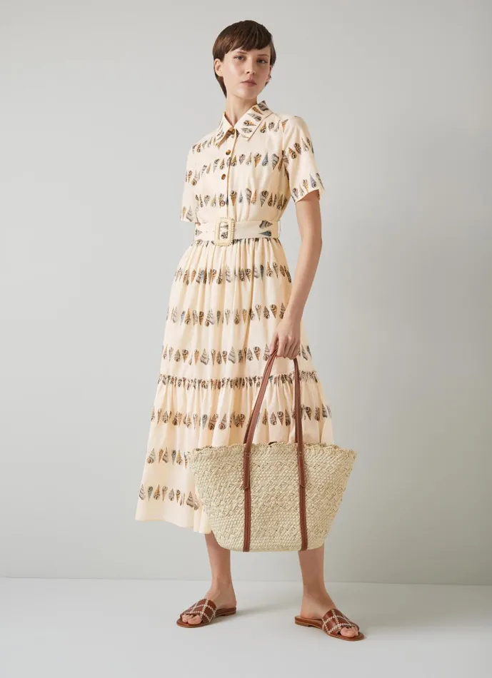 Women Dresses LKBennett Bella Shell Print Cotton Shirt Dress Natural Ecru