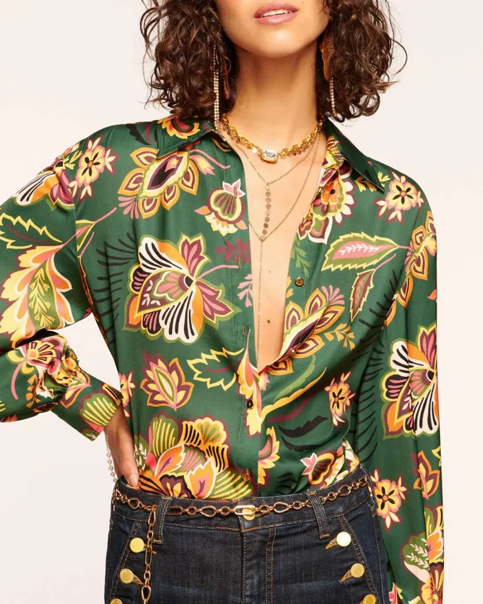 Women Eliza Button Down Top Spruce Floral Ramy Brook Tops Women Eliza Button Down Top Spruce Floral Ramy Brook Tops